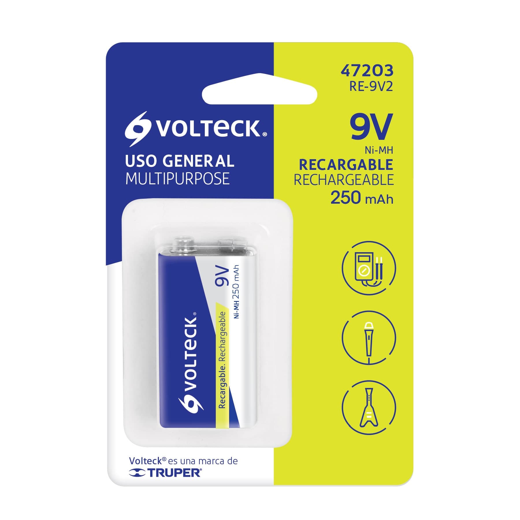 Pila de 9 V recargable uso general, 250 mAh, en blíster RE-9V2 47203 MM00