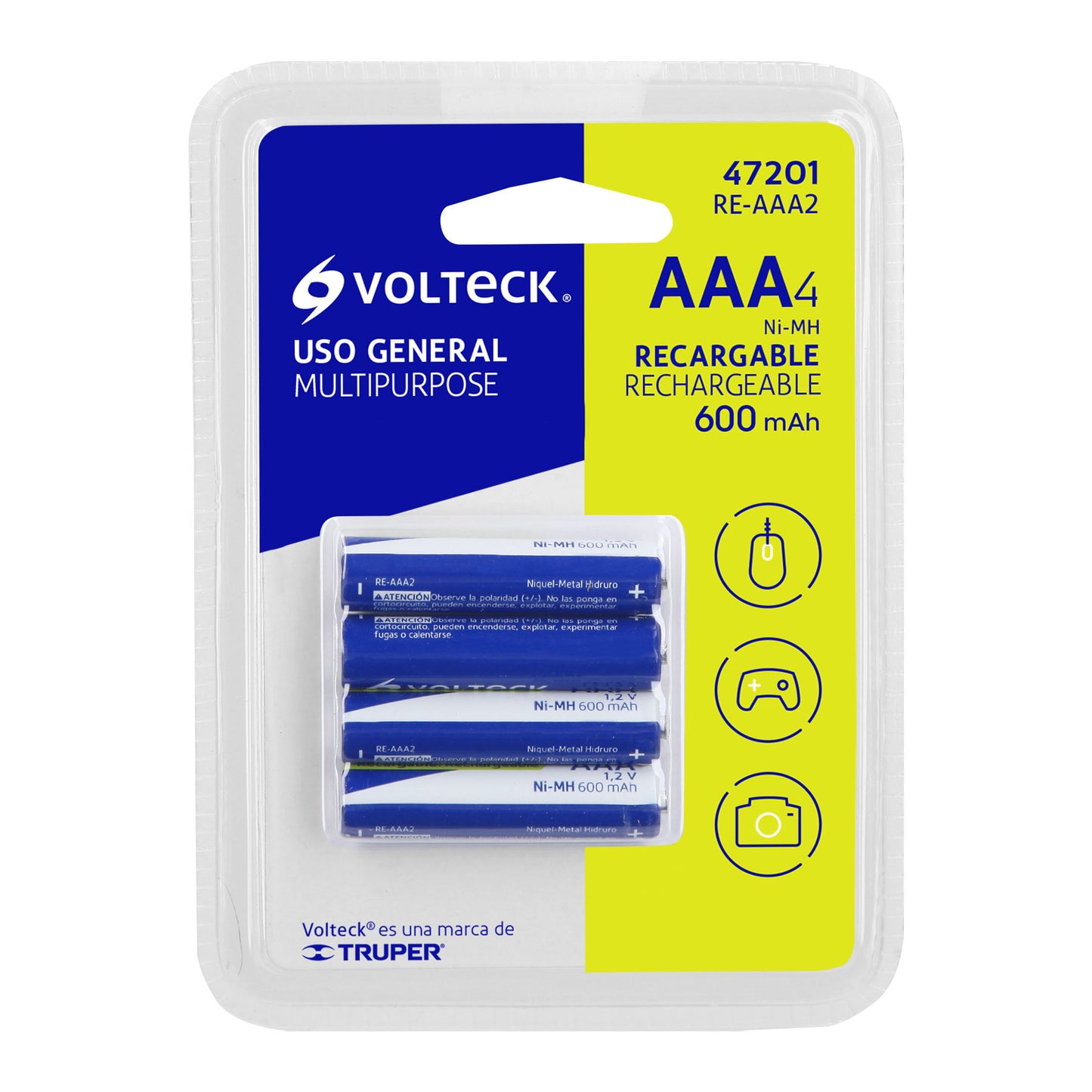 Blíster con 4 pilas AAA recargables uso general, 600 mAh RE-AAA2 47201 MM00