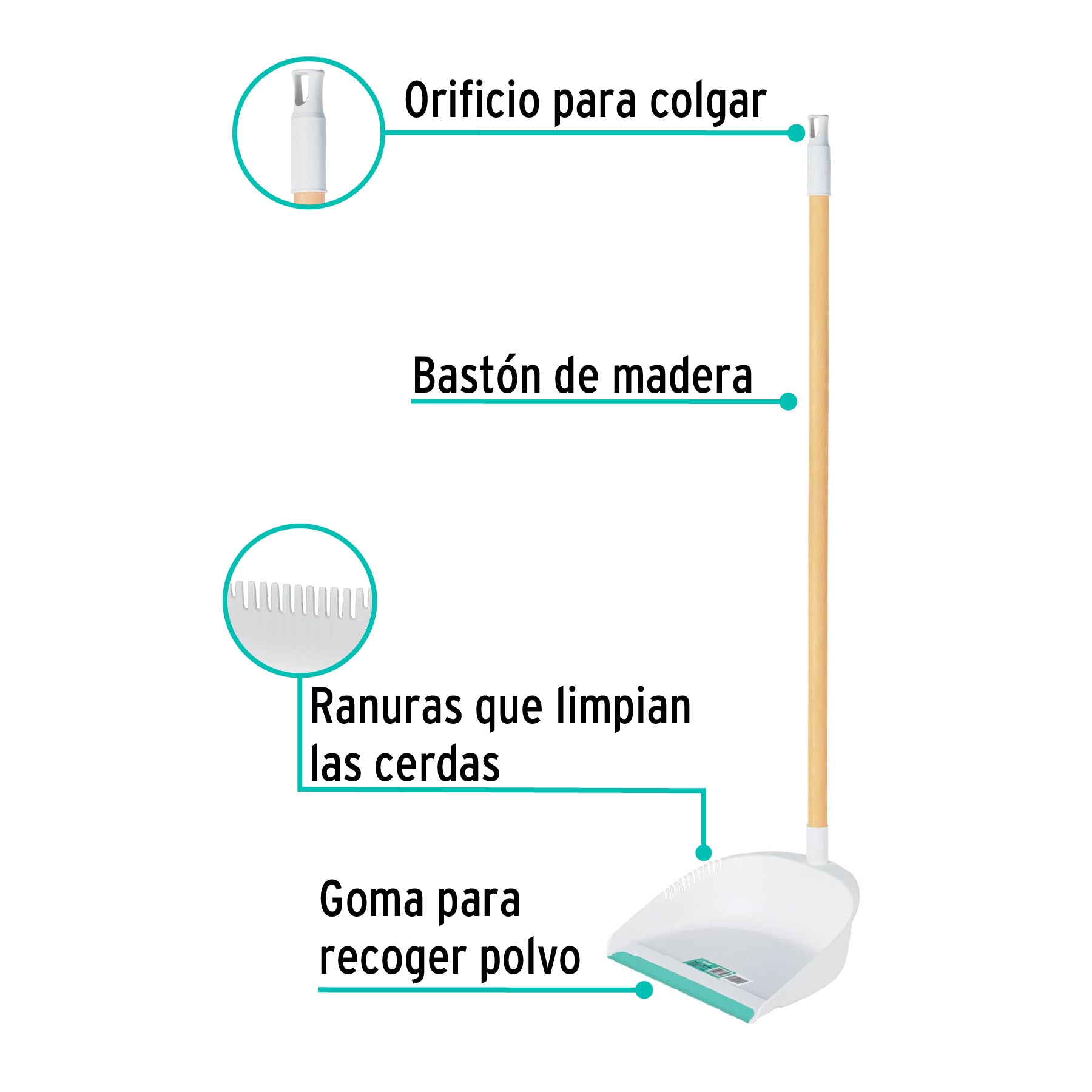 Recogedor plástico con bastón de madera, Klintek RECO-11B 57024 MM1