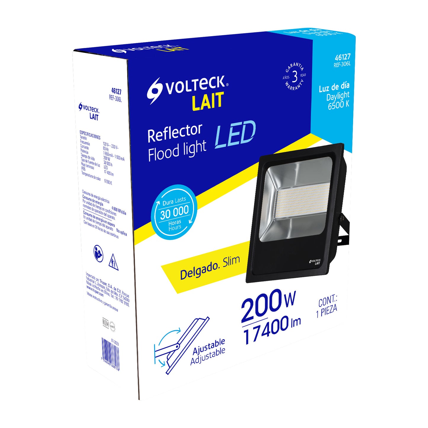 Reflector delgado de LED 200 W luz de día, Volteck REF-306L 46127 MM0