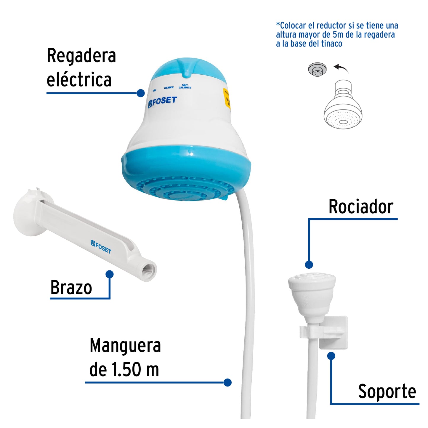 Regadera eléctrica, 4 temperaturas, 14.5cm, azul, Foset REGEL-4A 45155 MM00