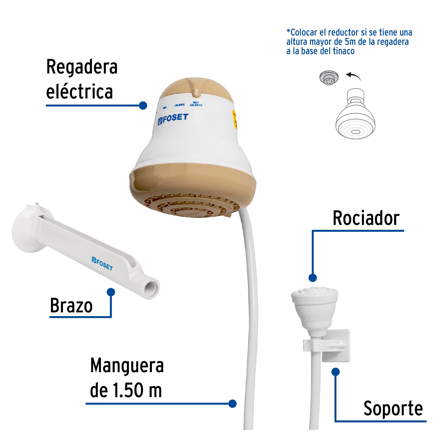 Regadera eléctrica, 4 temperaturas, 14.5cm, beige, Foset REGEL-4B 45156 MM00