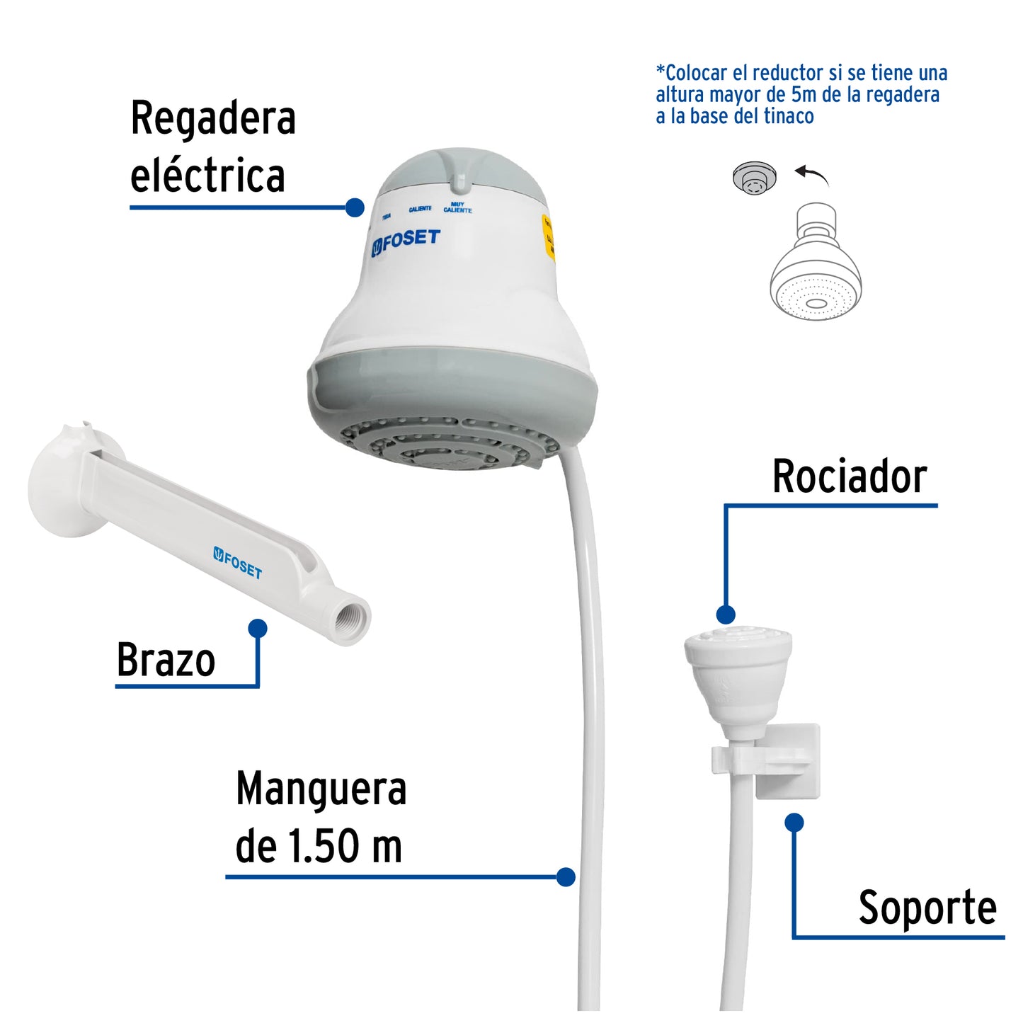 Regadera eléctrica, 4 temperaturas, 14.5cm, gris, Foset REGEL-4G 45154 MM00