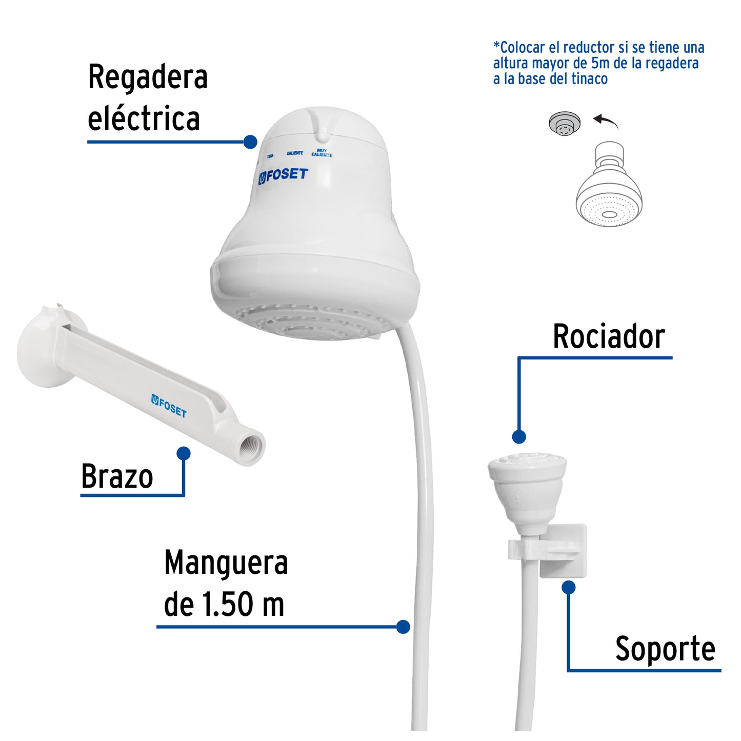 Regadera eléctrica, 4 temperaturas, 14.5cm, blanca, Foset REGEL-4 49491 MM00