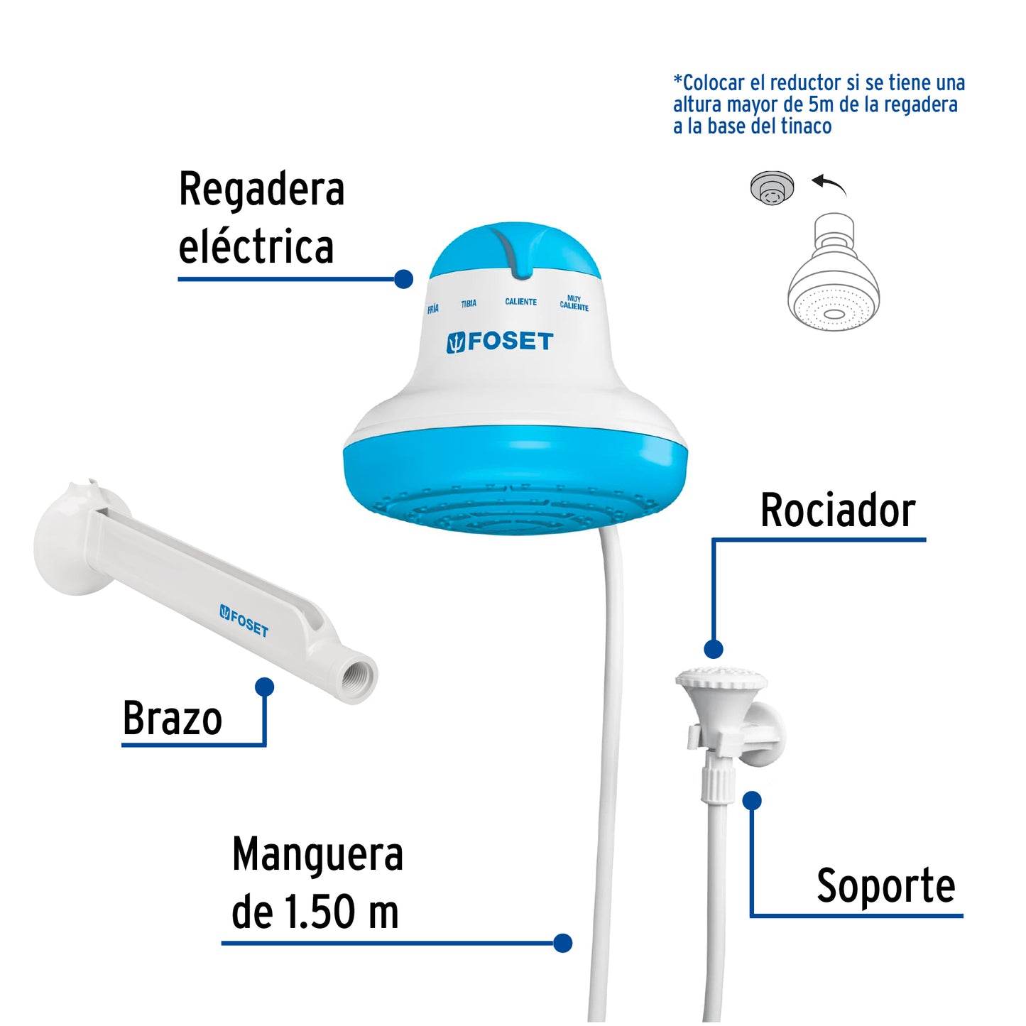 Regadera eléctrica, 4 temperaturas, 16.5cm, azul, Foset REGEL-6A 40239 MM00