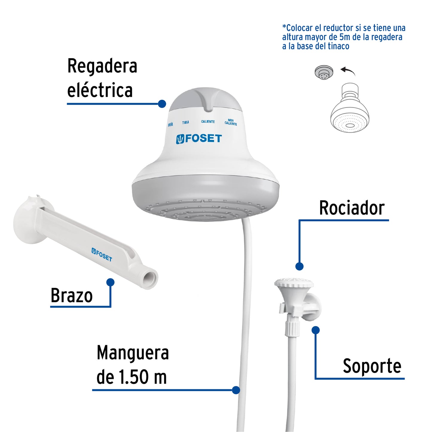 Regadera eléctrica, 4 temperaturas, 16.5cm, gris, Foset REGEL-6G 40238 MM00