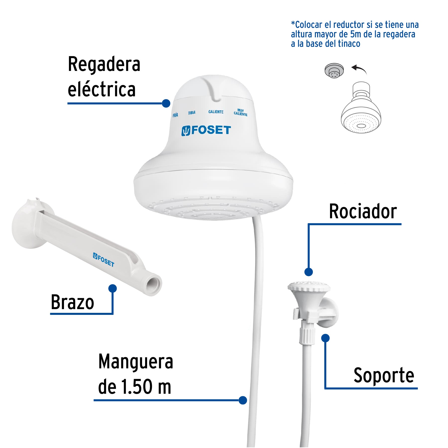 Regadera eléctrica, 4 temperaturas, 16.5cm, blanca, Foset REGEL-6 40237 MM00