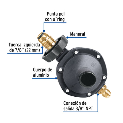 Regulador de gas 1 vía con maneral, baja presión, Foset RG-101 40709 MM0