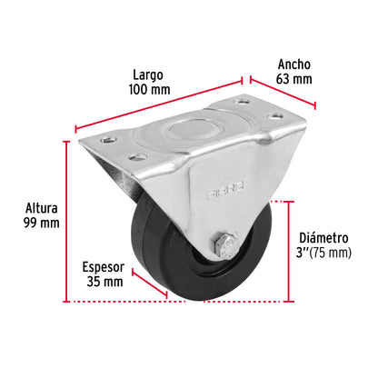 Rodaja hule 3', placa fija con buje, carga 90 kg, Fiero RO-113 48599 MM1