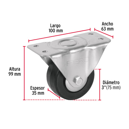 Rodaja hule 3', placa fija con balero, carga 110 kg, Fiero RO-114 48600 MM1