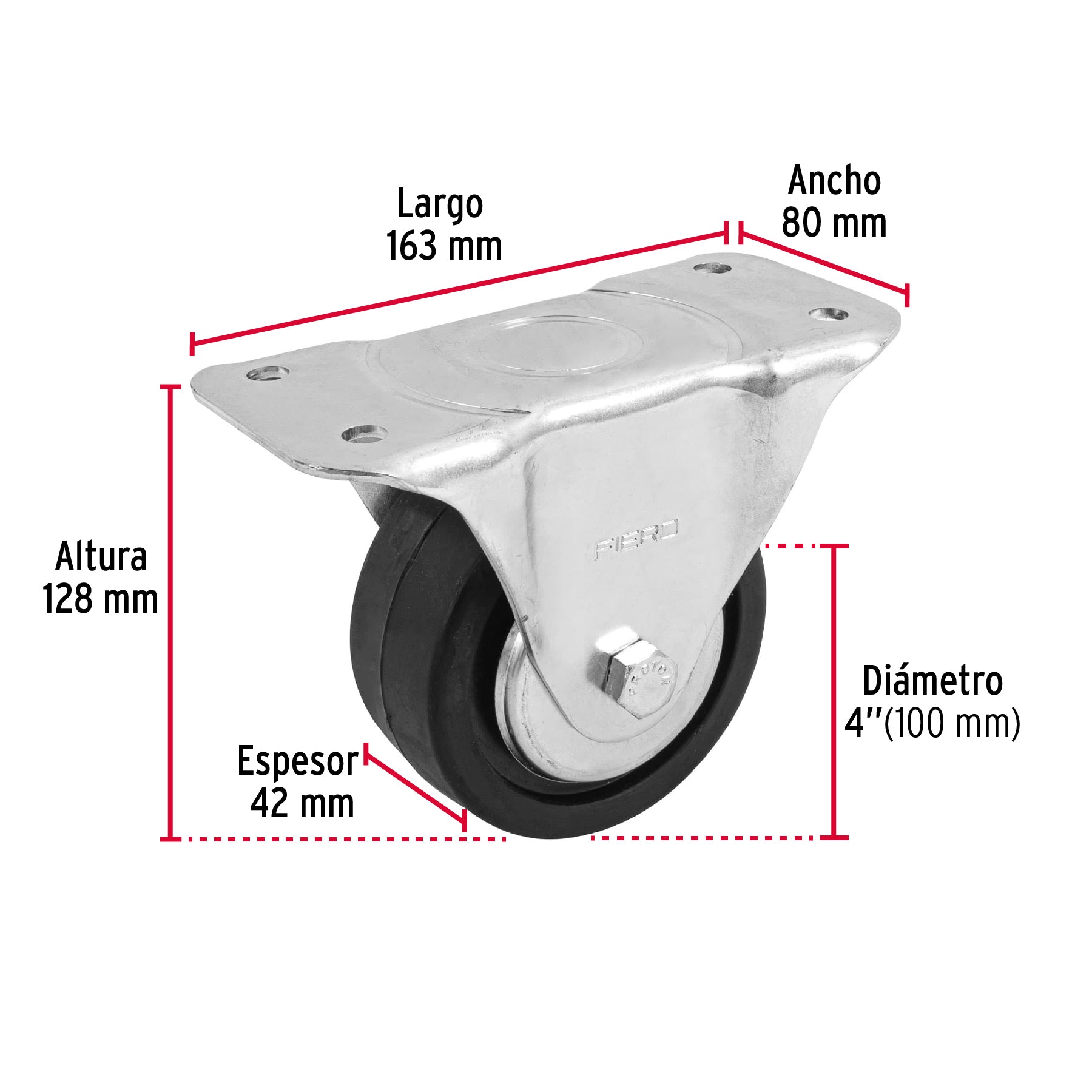 Rodaja hule 4', placa fija con balero, carga 100 kg, Fiero RO-115 48601 MM1