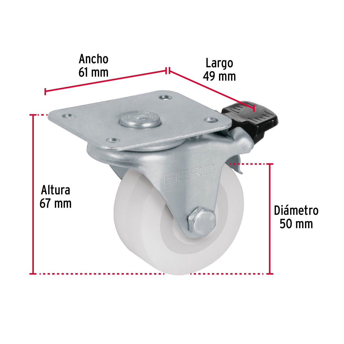 Rodaja de polietileno 2' placa giratoria, con freno, Fiero RO-2210F 48633 MM1