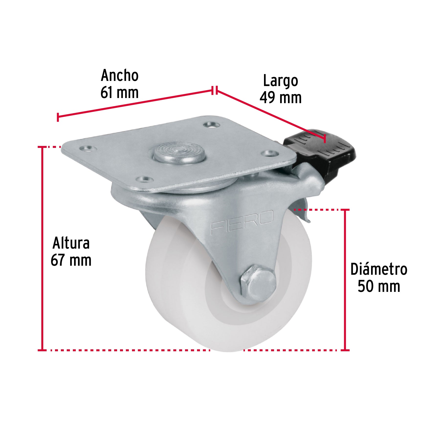 Rodaja de polietileno 2' placa giratoria, con freno, Fiero RO-2210F 48633 MM1