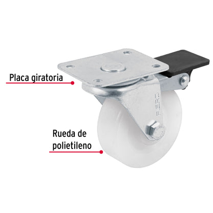 Rodaja de polietileno 2-1/2' placa giratoria, con freno RO-2211F 48634 MM1