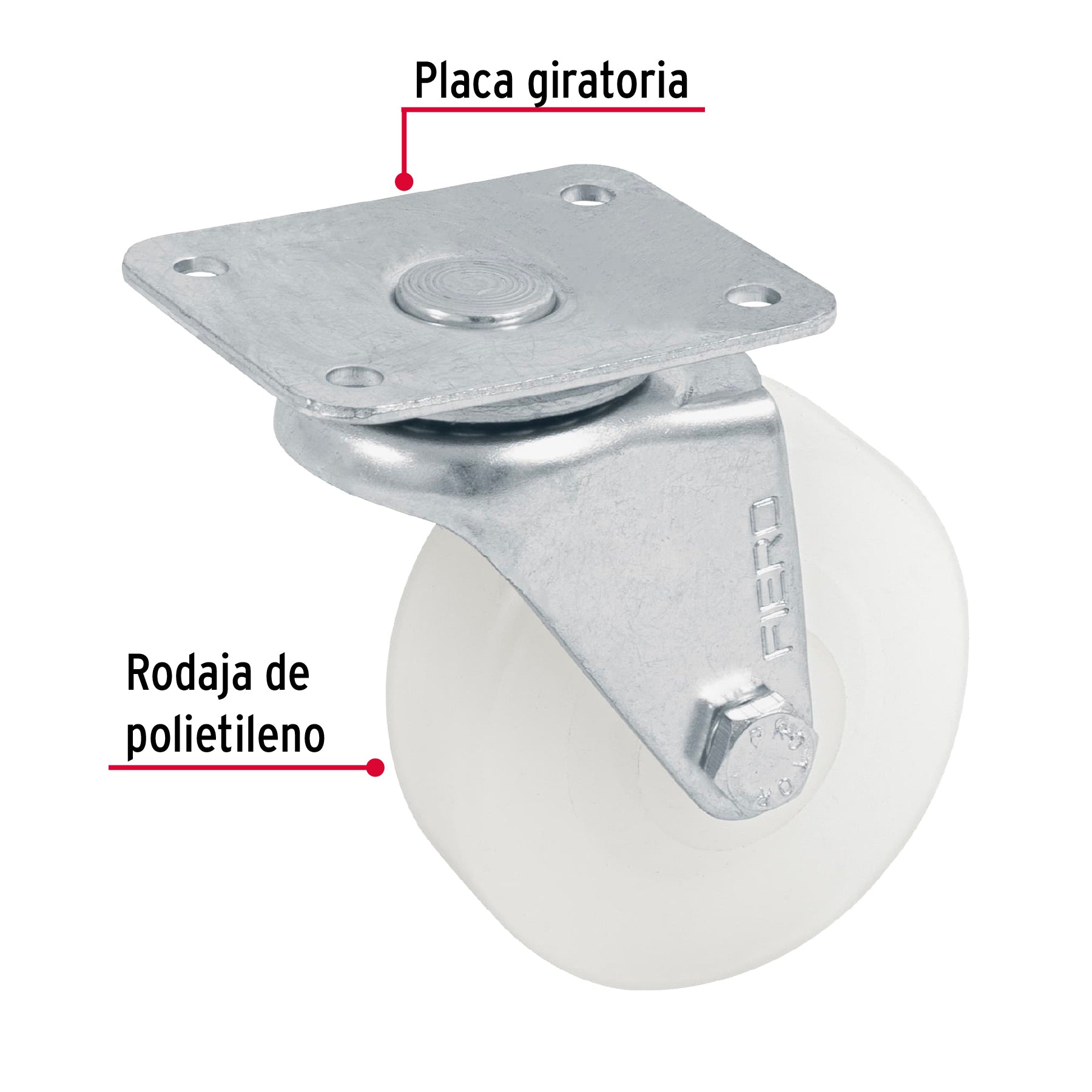 Rodaja de polietileno 2-1/2 placa giratoria, con buje, Fiero RO-223 48626 MM1