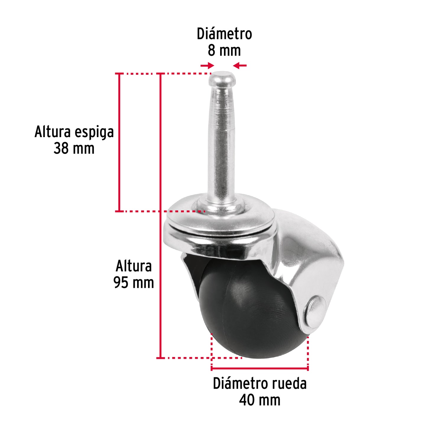 Rodaja esférica, 40 mm con espiga tipo socket, Fiero RO-40EM 49694 MM1