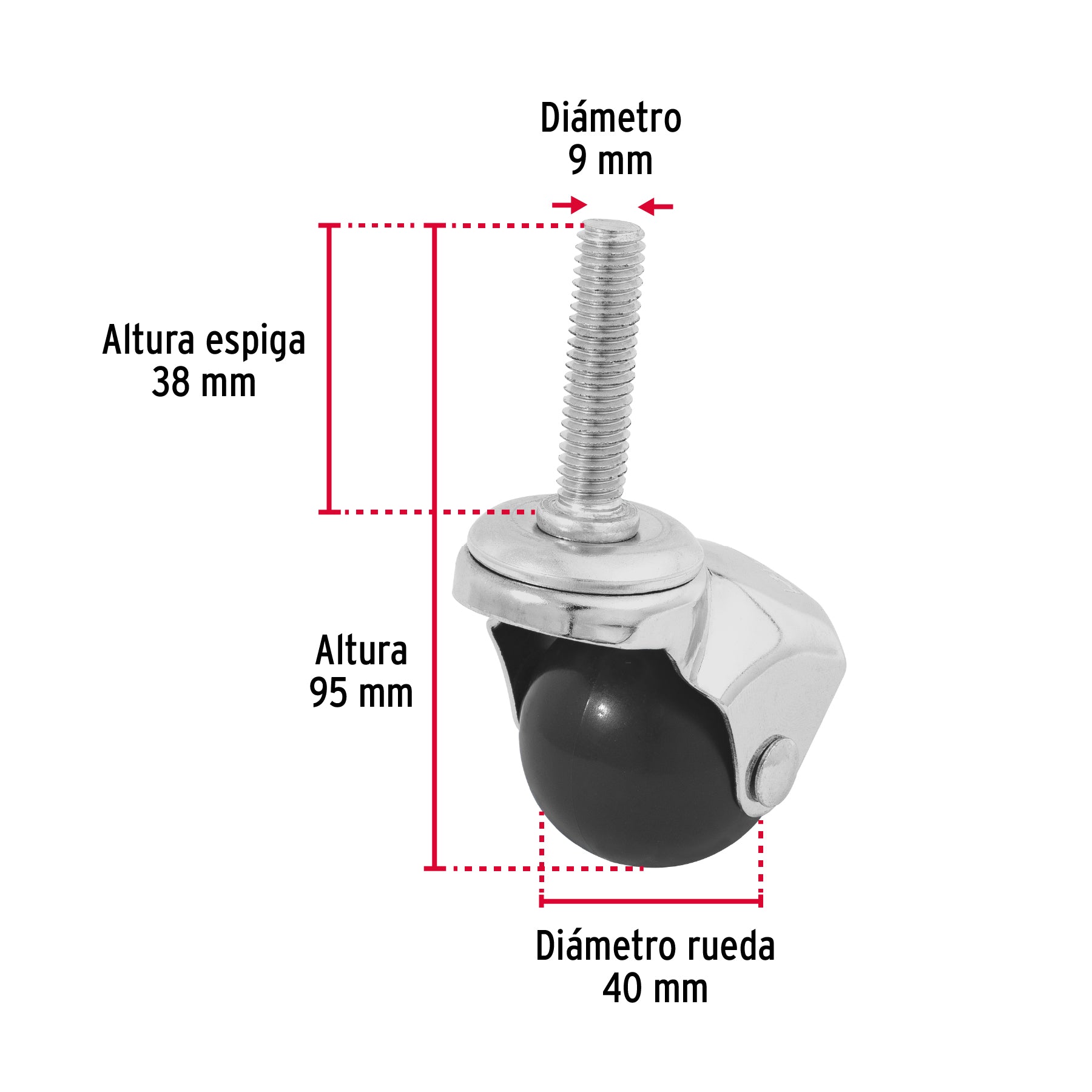 Rodaja esférica, 40 mm con espiga, Fiero RO-40E 44395 MM1