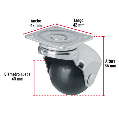 Rodaja esférica, 40 mm con placa, Fiero RO-40P 44390 MM1