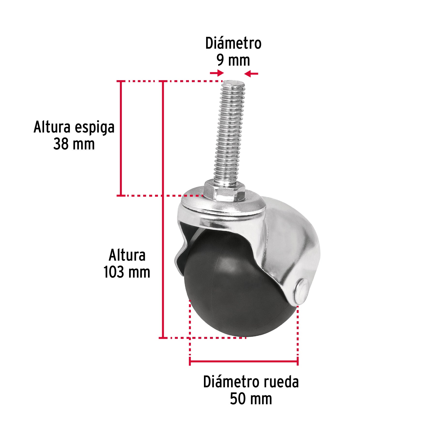 Rodaja esférica, 50 mm con espiga, Fiero RO-50E 44396 MM1