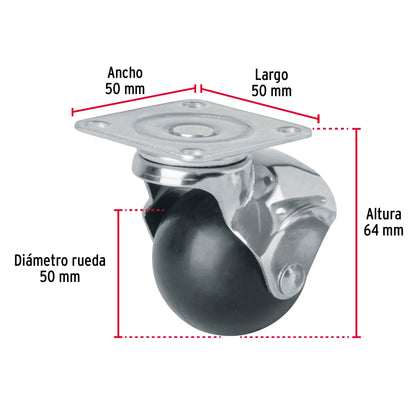 Rodaja esférica, 50 mm con placa, Fiero RO-50P 44391 MM1