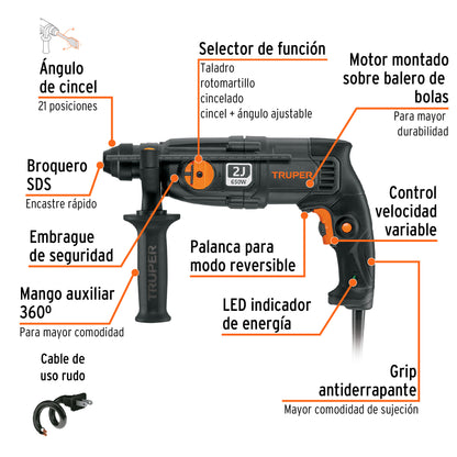 Rotomartillo SDS Plus 2 Joules 650 W, industrial, Truper ROEL-20N 16762 MM0