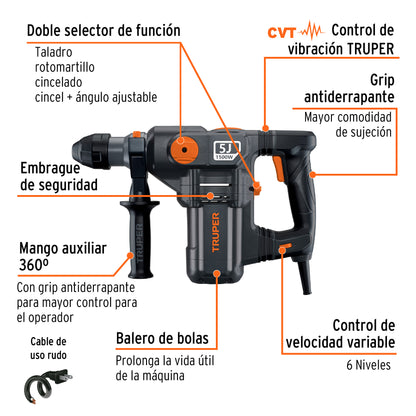 Rotomartillo SDS Plus 5 Joules 1500 W, industrial, Truper ROEL-50N2 19320 MM0