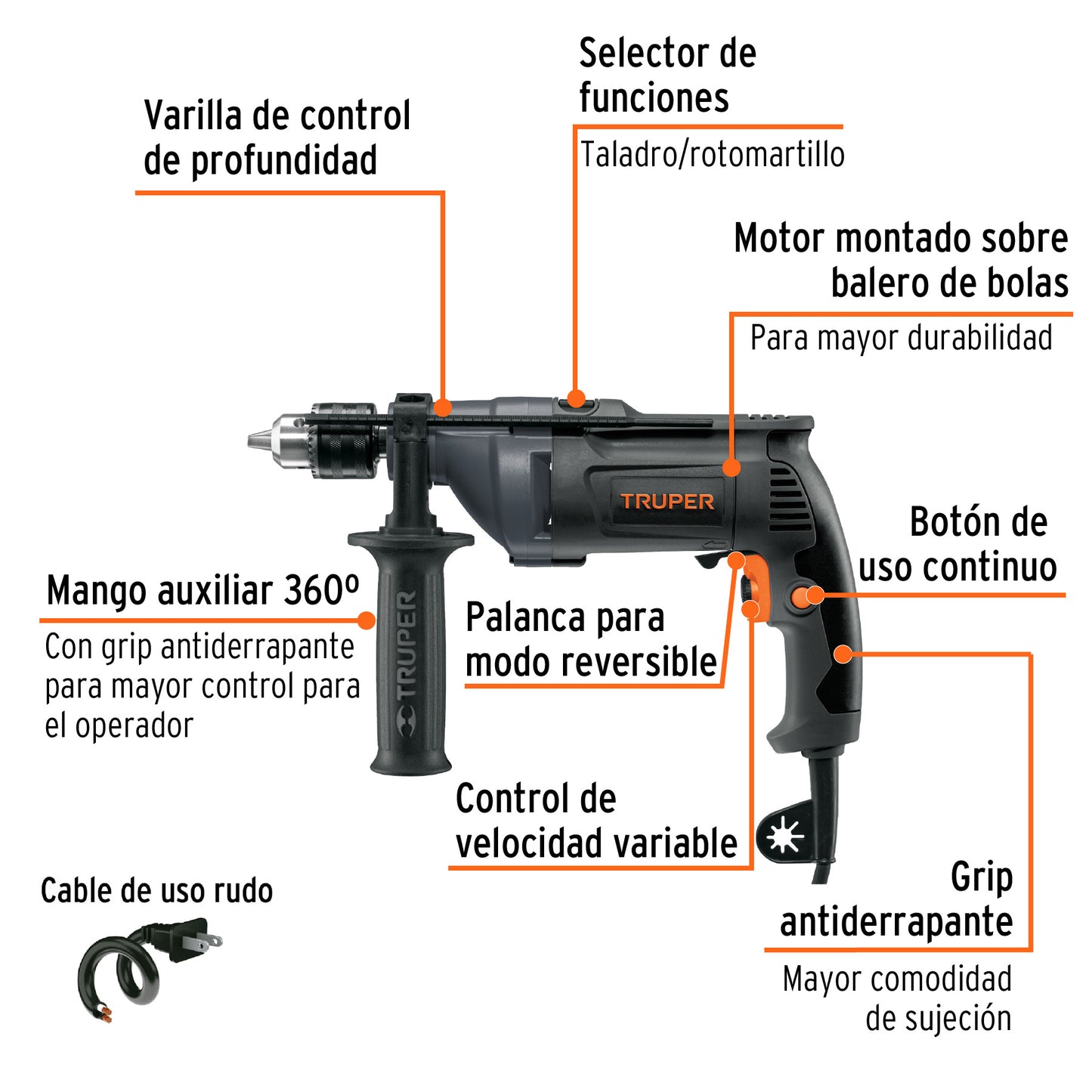 Rotomartillo 1/2' 800 W, industrial, Truper ROTO-1/2N8 15683 MM1