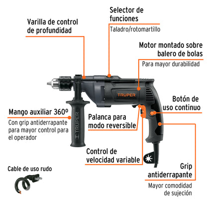 Rotomartillo 1/2' 800 W, industrial, Truper ROTO-1/2N8 15683 MM1