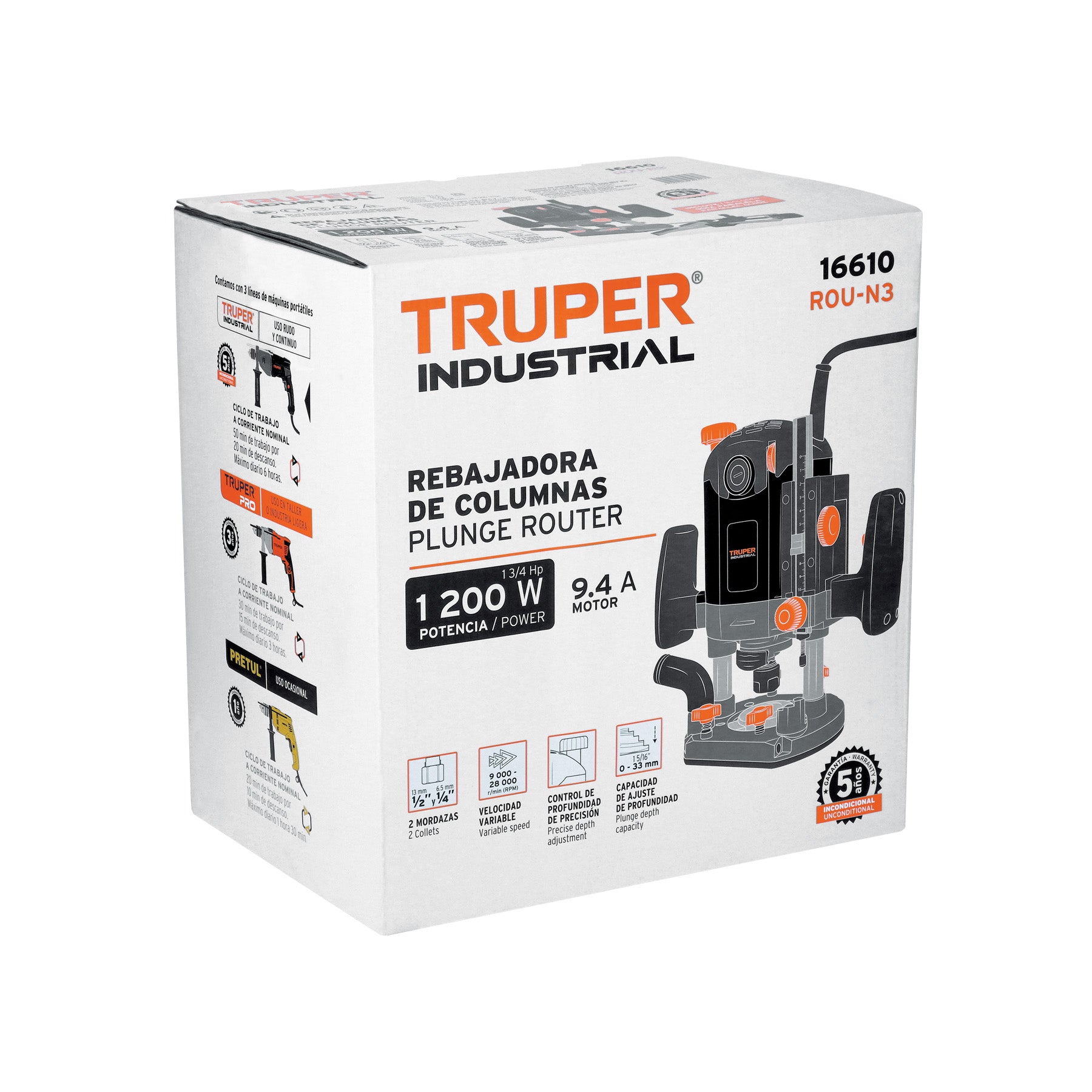 Router 1200 W, 1-3/4 HP, industrial, Truper ROU-N3 16610 MM0