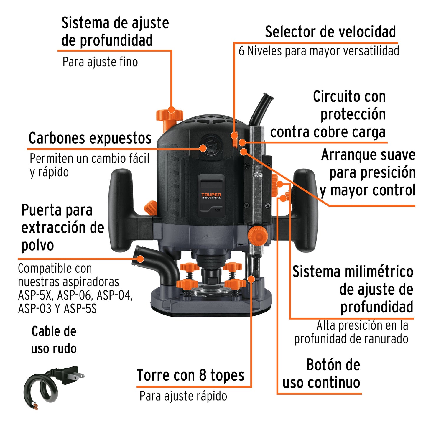 Router 1200 W, 1-3/4 HP, industrial, Truper ROU-N3 16610 MM0