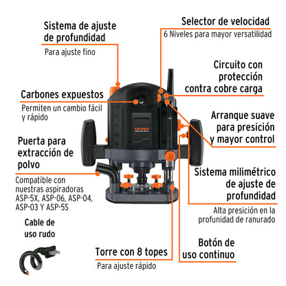 Router 1800 W, 2-1/2 HP, industrial, Truper ROU-NX2 16611 MM0