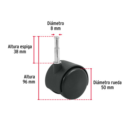 Rodaja tipo yoyo de 50 mm con espiga para madera, Fiero ROY-50EM 49699 MM1