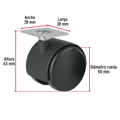 Rodaja tipo yoyo de 50 mm con placa, sin freno, Fiero ROY-50 44385 MM1