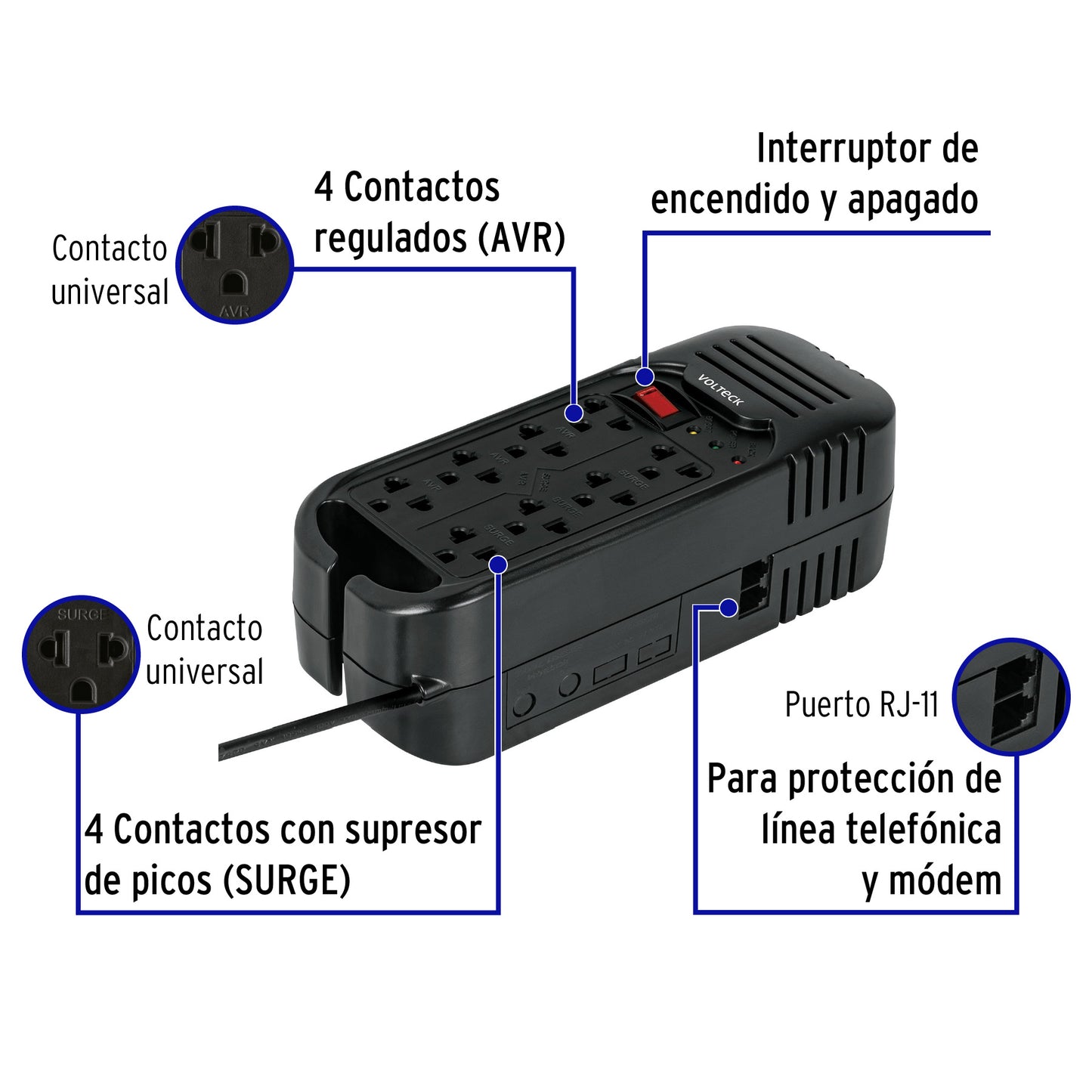 Regulador de voltaje de 1600 VA / 800 W 8 contactos, Volteck RV-1600 45574 MM00