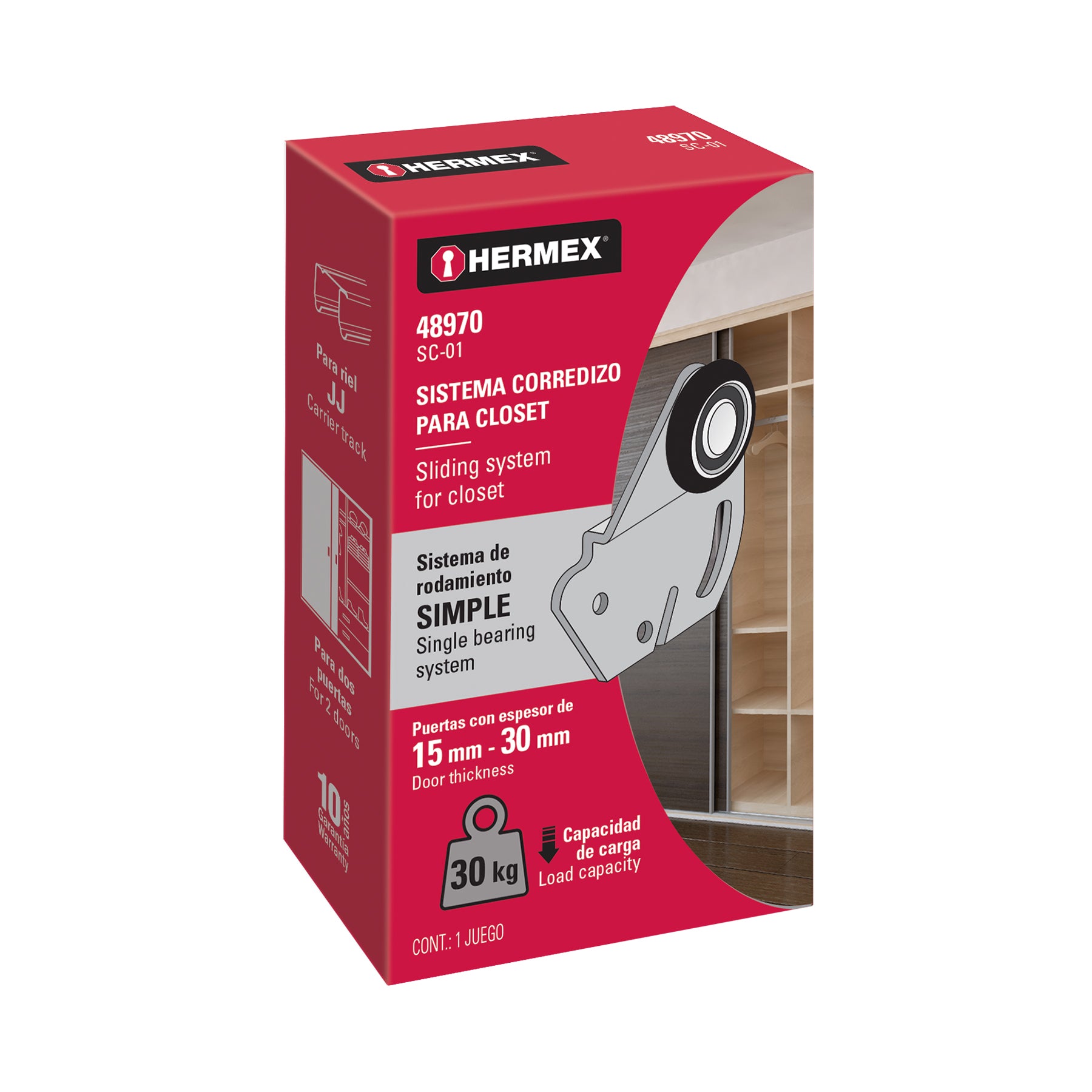 Sistema corredizo para riel superior de clóset, Hermex SC-01 48970 MM00