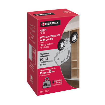 Sistema corredizo doble para riel superior de clóset, Hermex SC-02 48971 MM00