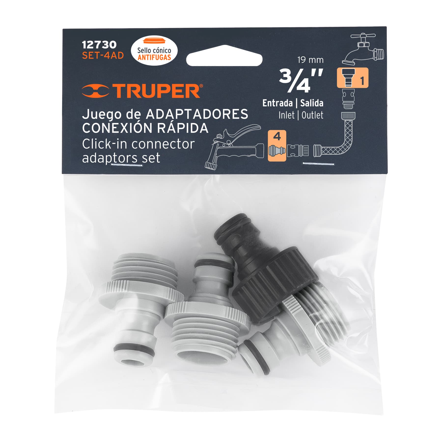 Set de 4 adaptadores para conectores click, Truper SET-4AD 12730 MM00