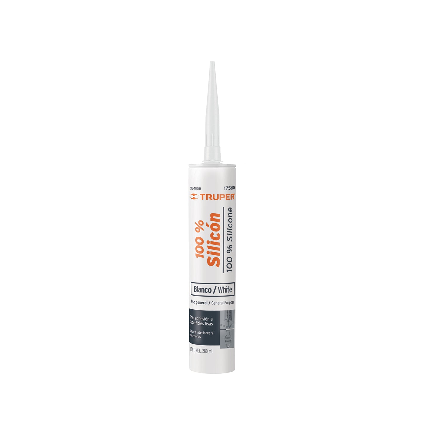 Sellador blanco 100% silicón de 280 ml, Truper SIL-100B 17560 MM00