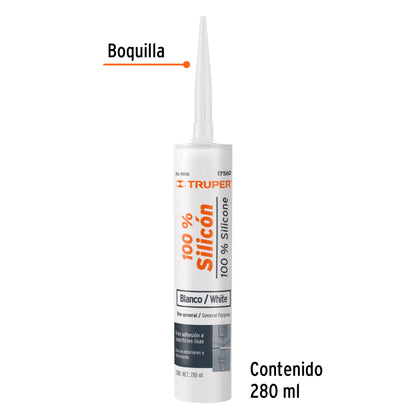 Sellador blanco 100% silicón de 280 ml, Truper SIL-100B 17560 MM00