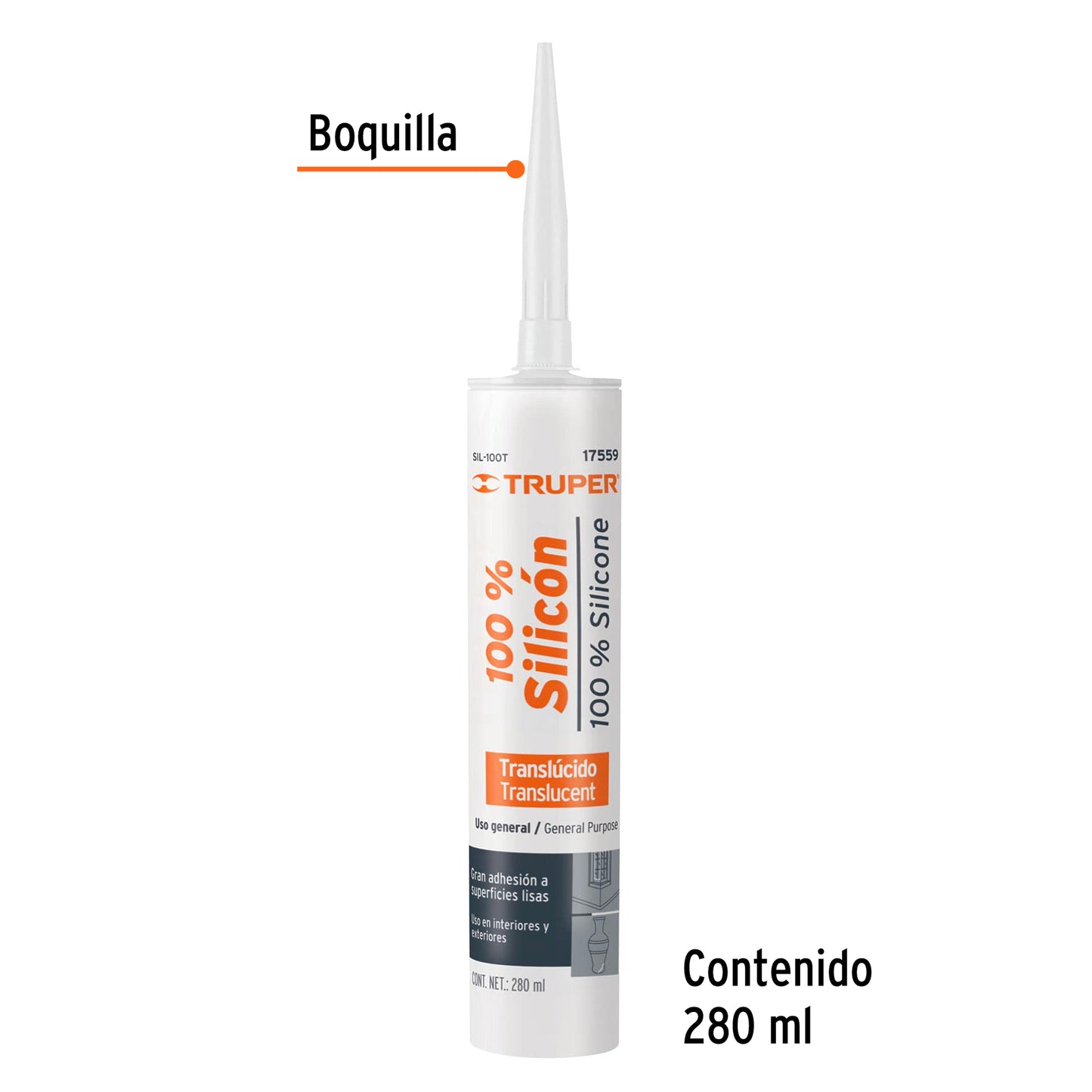 Sellador transparente 100% silicón de 280 ml, Truper SIL-100T 17559 MM00