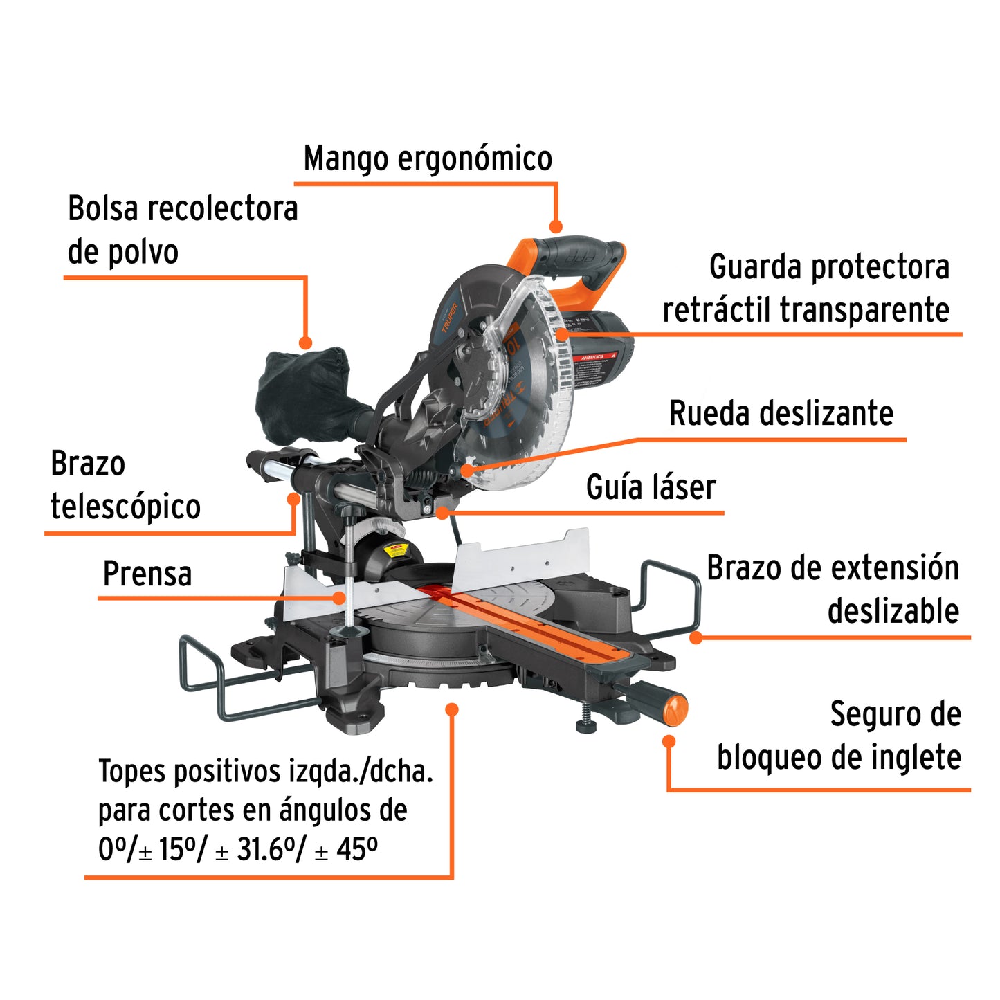 Sierra de inglete 10', 1900 W telescópica compuesta, Truper SINCO-10X2 16869 MM1