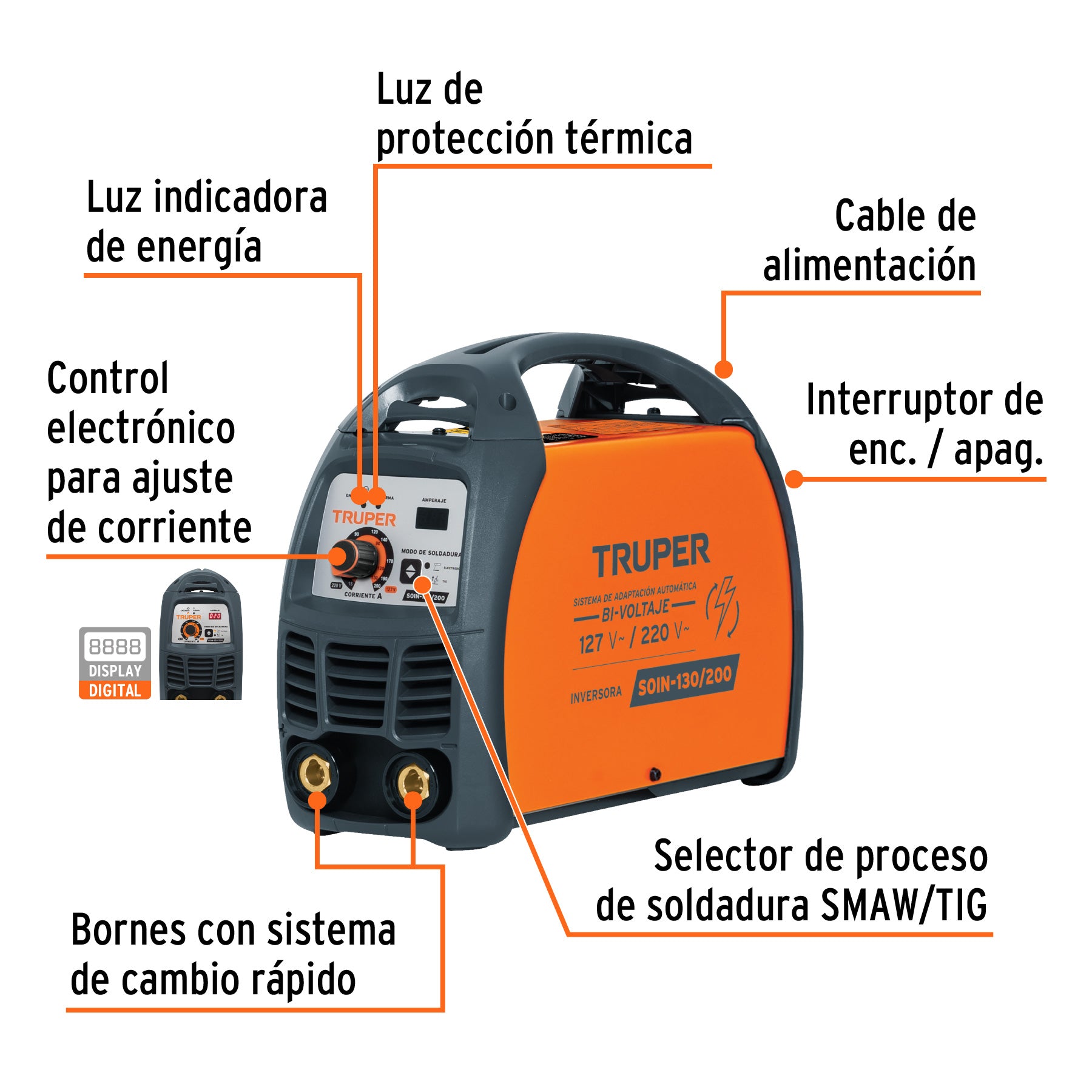 Soldadora inversora bi-voltaje 200 A, 127 V/220 V, Truper SOIN-130/200 16053 MM1