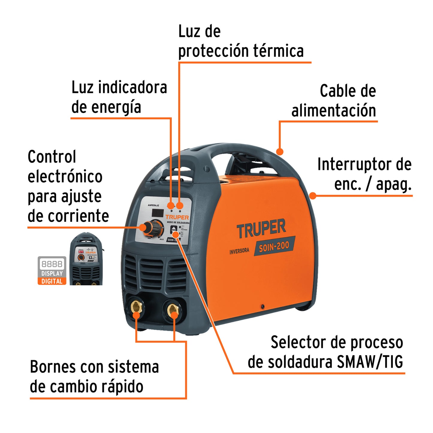 Soldadora inversora 200 A, 220 V, Truper SOIN-200 13696 MM1