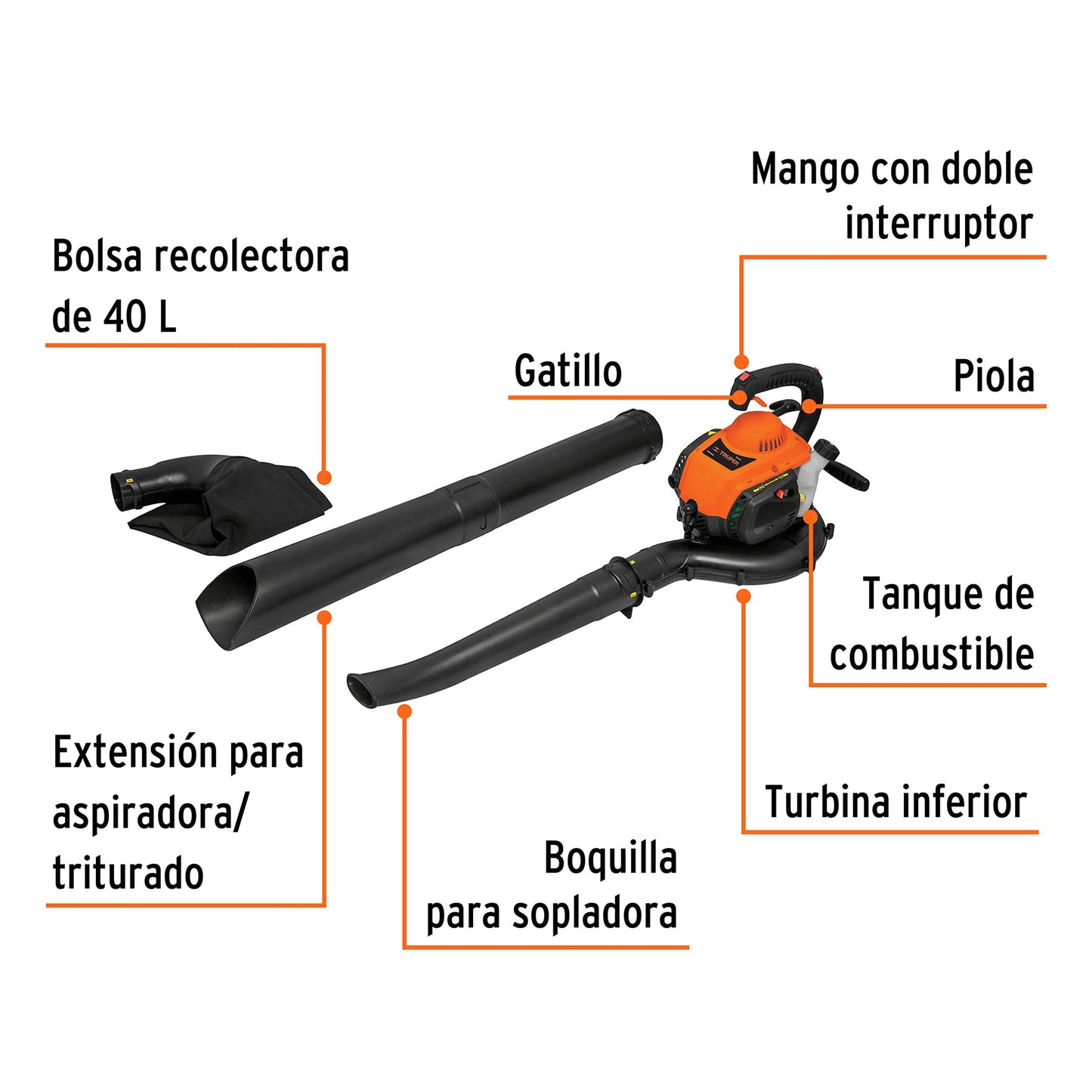 Sopladora / Aspiradora con motor de 26 cc a gasolina, Truper SOPLA-26T 13047 MM0