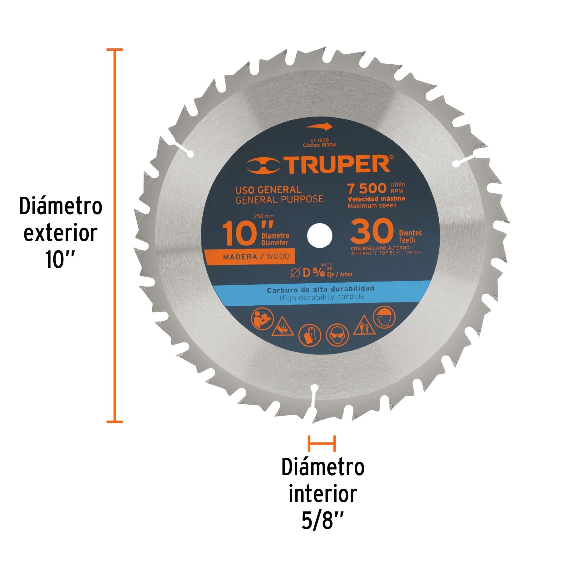 Disco sierra 10' para madera, 30 dientes centro 5/8', Truper ST-1030 18304 MM00