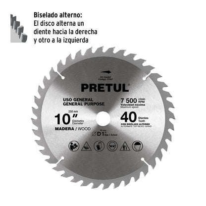 Disco sierra 10' para madera, 40 dientes centro 1', Pretul ST-1040EP 27057 MM00