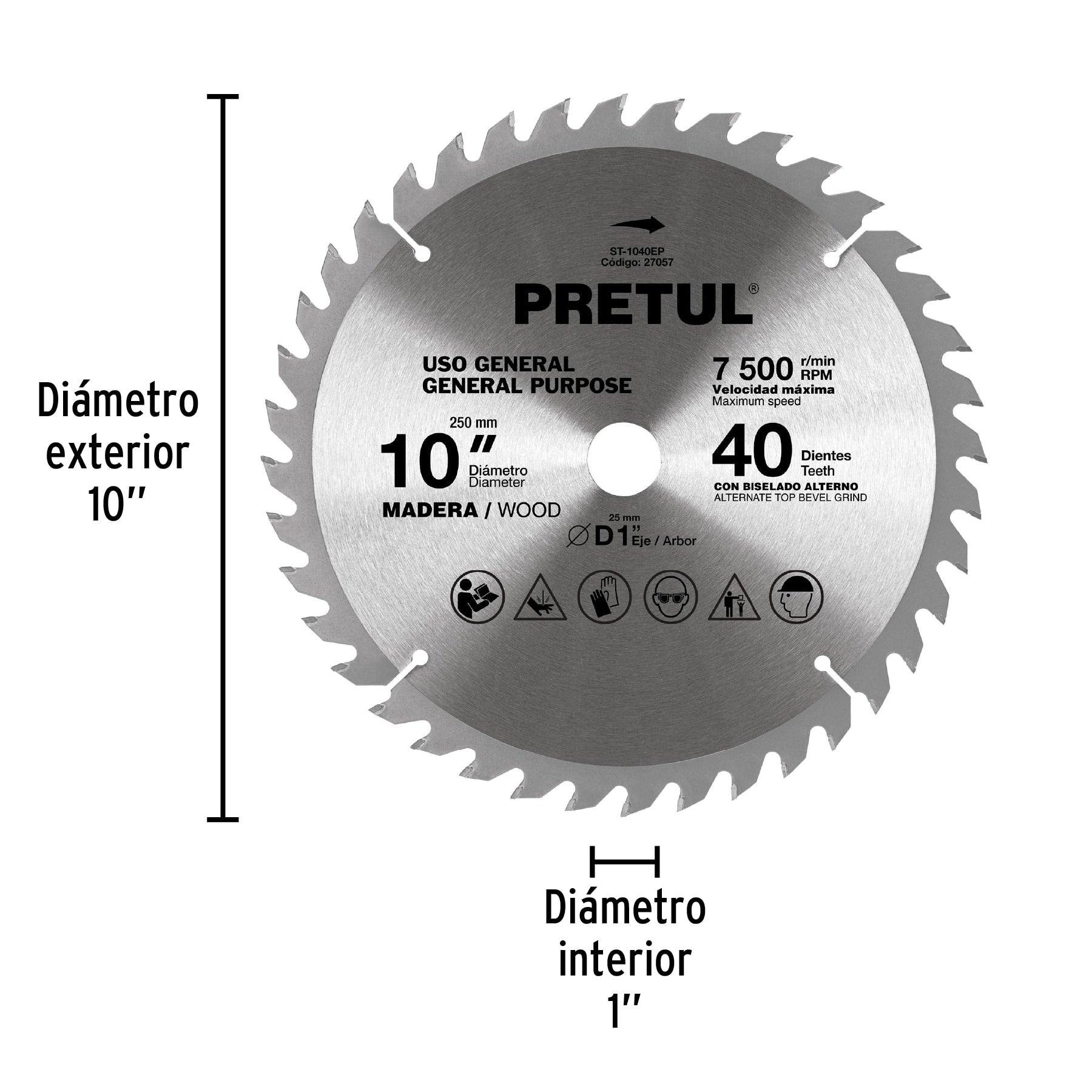 Disco sierra 10' para madera, 40 dientes centro 1', Pretul ST-1040EP 27057 MM00