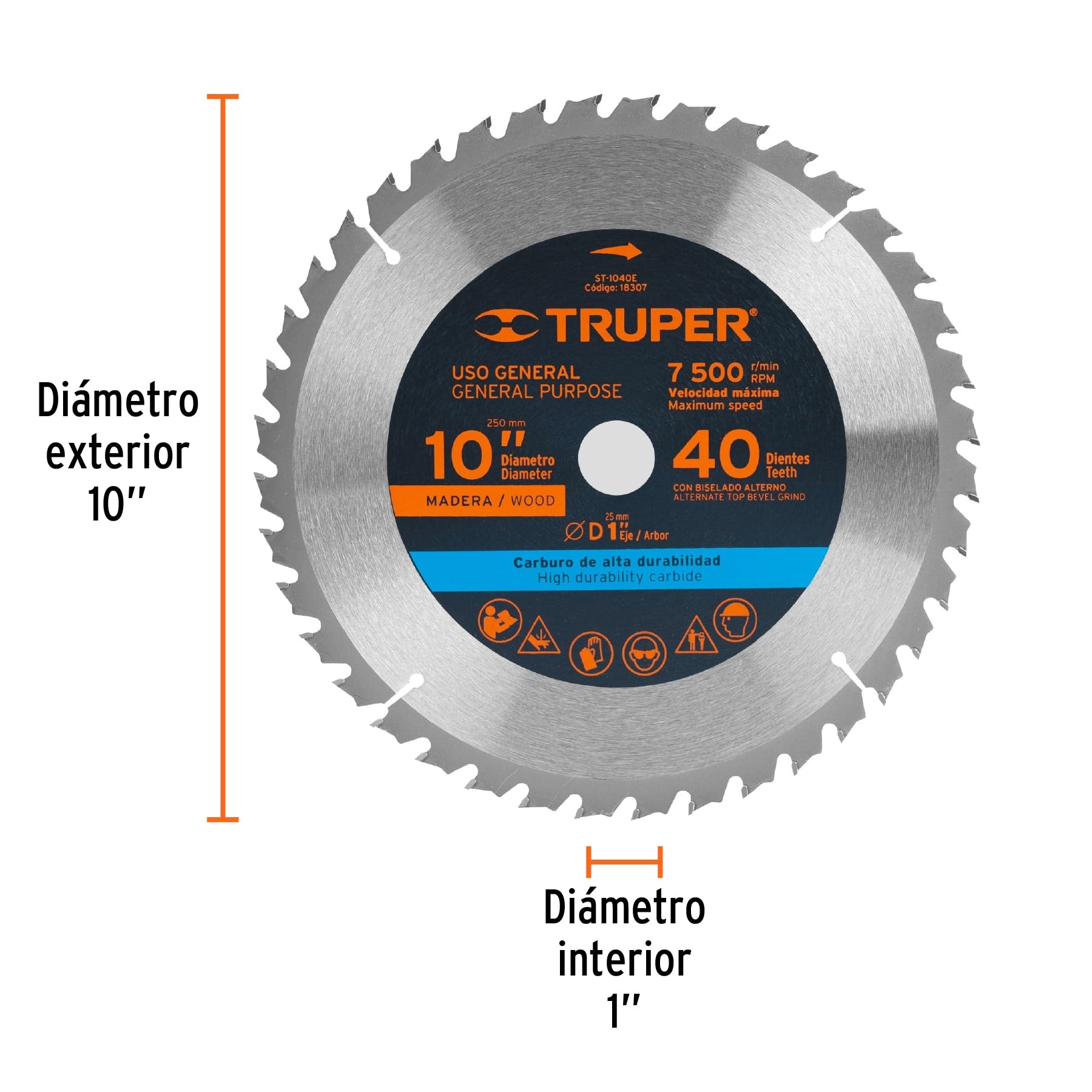 Disco sierra 10' para madera, 40 dientes centro 1', Truper ST-1040E 18307 MM00