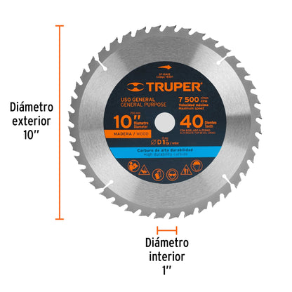 Disco sierra 10' para madera, 40 dientes centro 1', Truper ST-1040E 18307 MM00