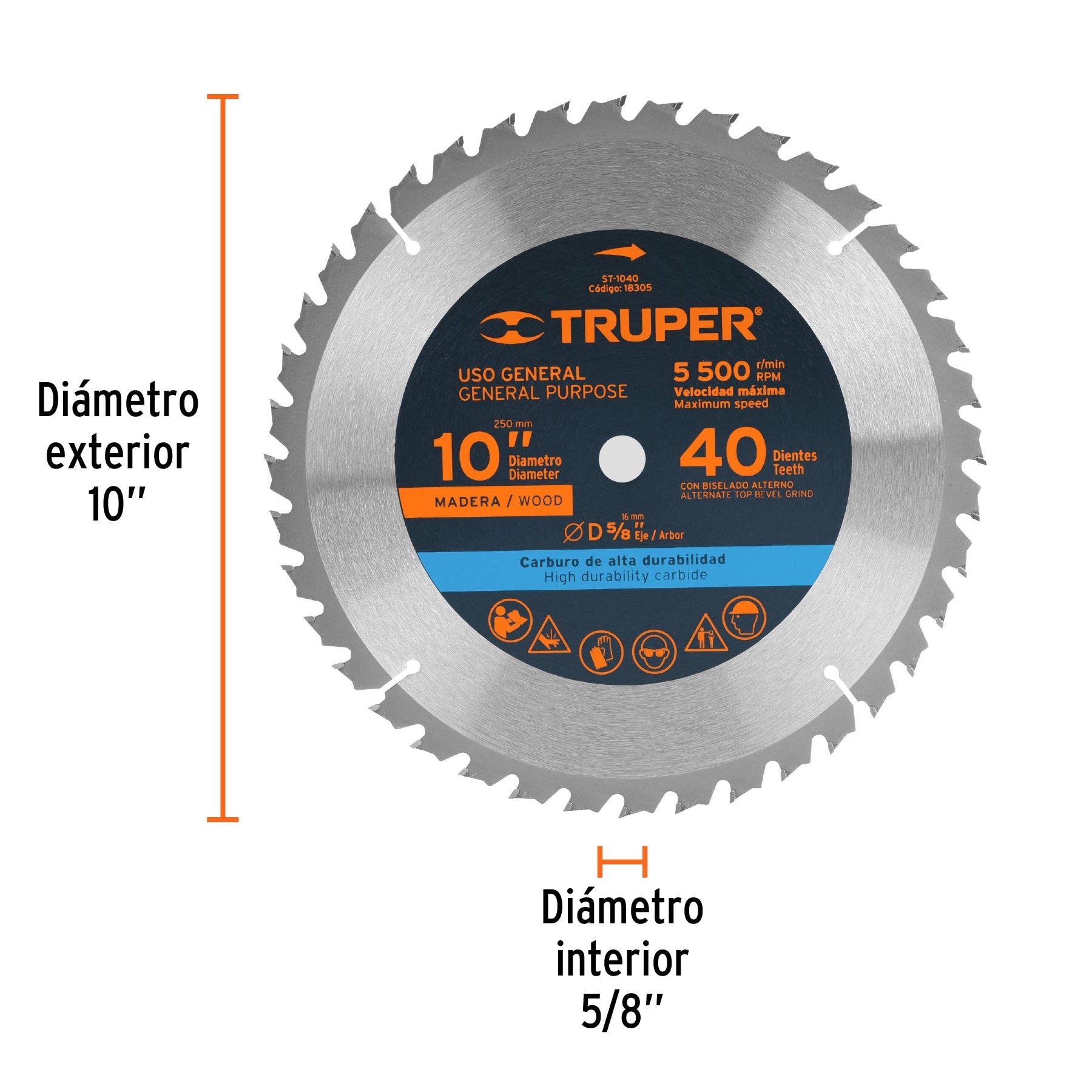 Disco sierra 10' para madera, 40 dientes centro 5/8', Truper ST-1040 18305 MM00